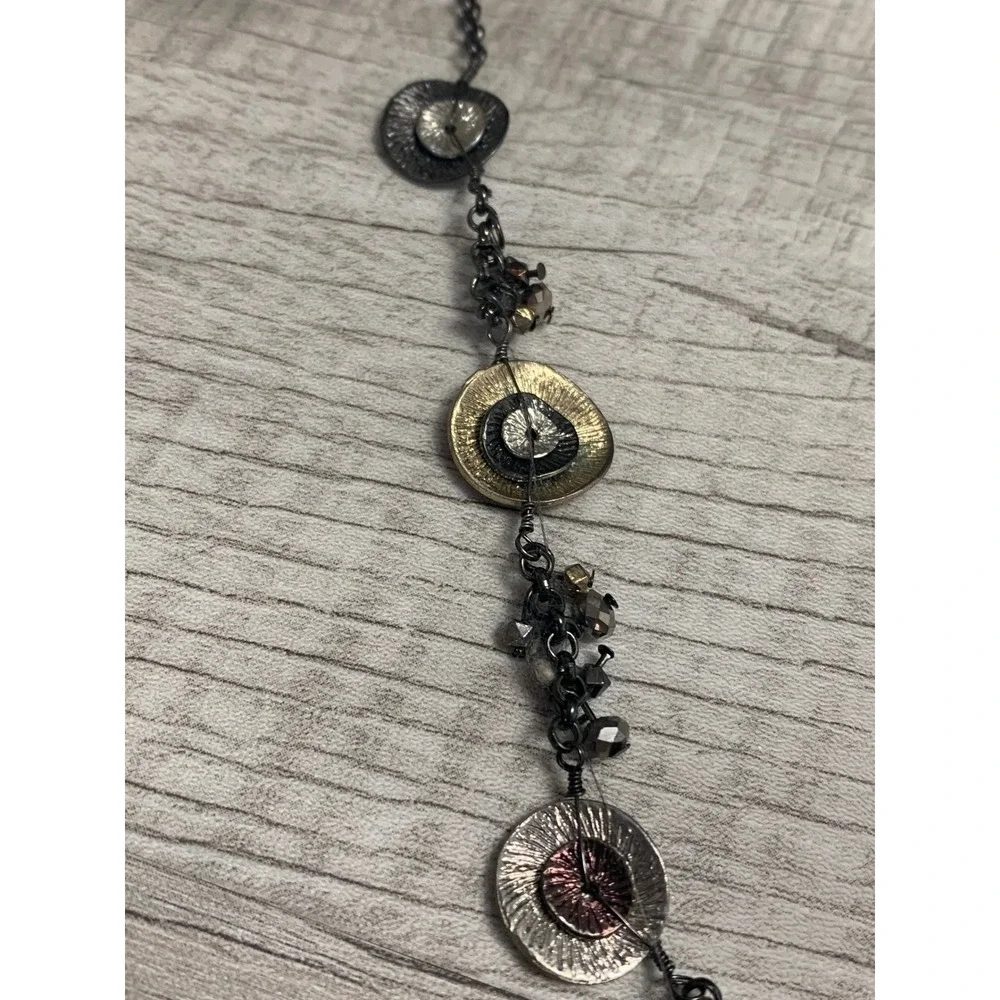 Napier Mixed Metal Textured Disc Y-Necklace Gunmetal Tone Beaded Drop Statement - Picture 7 of 10